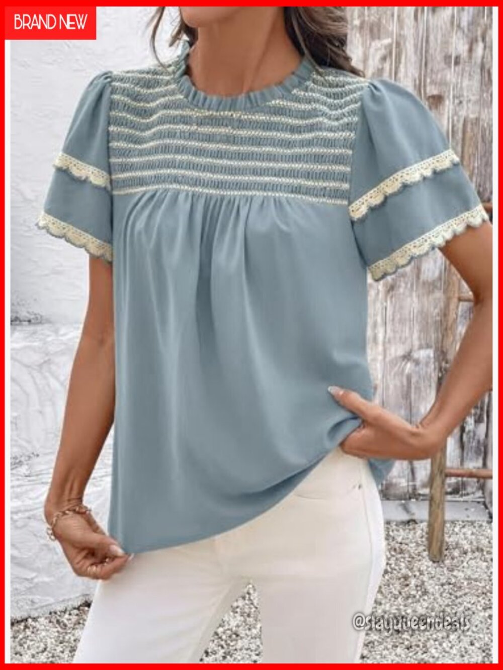 Women Crewneck Ruffle Short Sleeve Blouse Flowy Boho Top - Picture 5 of 7